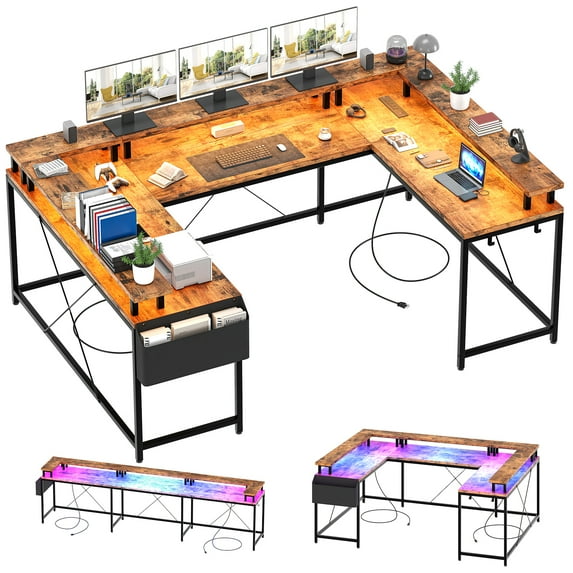 Danolapsi U Shaped Desk,Reversible L Shaped Computer Desk with Power Outlets and LED Strip,Large Office Table with Monitor Stand and Storage Shelves,U Shaped Computer Gaming Desk for Home Office