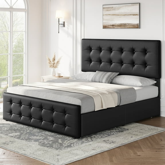Upholstered Platform Bed Frame with 4 Storage Drawers, Adjustable ...