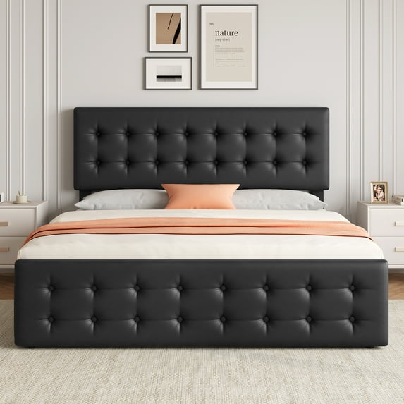 Danolapsi Upholstered Bed Frame with 4 Storage Drawers and Headboard,Faux Leather Platform Bed Frame,Button Tufted Design,Strong Wooden Slats Support,No Box Spring Needed