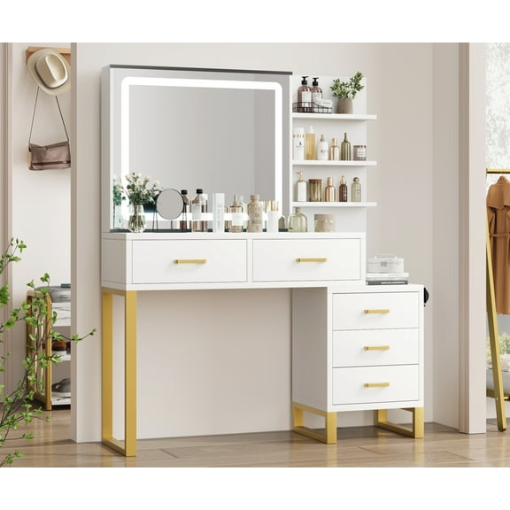 Danolapsi Vanity Desk,Makeup Vanity Desk with Adjustable LED light & Power Strip,Vanity Desk with Mirror and Charging Station,5 Large Storage Drawers and 3 Tiers of Open Shelves,Bedroom(ship in 2 box)