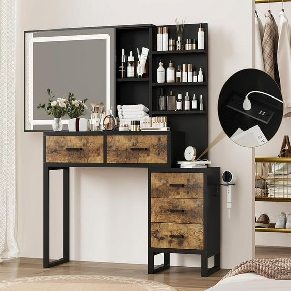 Danolapsi Vanity Desk,Makeup Vanity Desk with Sliding Mirror and Charging Station,LED Light with 3 Lighting Modes,5 Large Drawers,and 3 Tiers of Open Shelves(ship in 2 boxes)