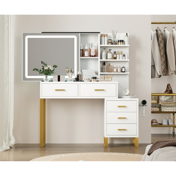 Danolapsi Vanity Desk,Makeup Vanity Desk with Sliding Mirror and Charging Station,LED Light with 3 Lighting Modes,5 Large Drawers,and 3 Tiers of Open Shelves(ship in 2 boxes)