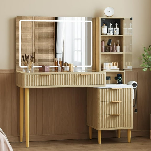 Danolapsi Vanity Desk, Makeup Vanity Desk with Mirror and Lights 3 Colors, 5 Drawers and 3 Storage Shelves, Power Outlet, for Dressing Room, Bedroom