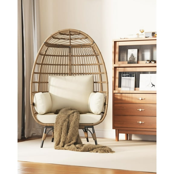 Danolapsi Wicker Egg Chair,Rattan Egg Chair Indoor/Outdoor Wicker Egg Basket Lounge Chair Egg-Shaped Chair w/Steel Frame Stand and 4 Cushions,Indoor Outdoor Lounger for Patio,Porch,Backyard