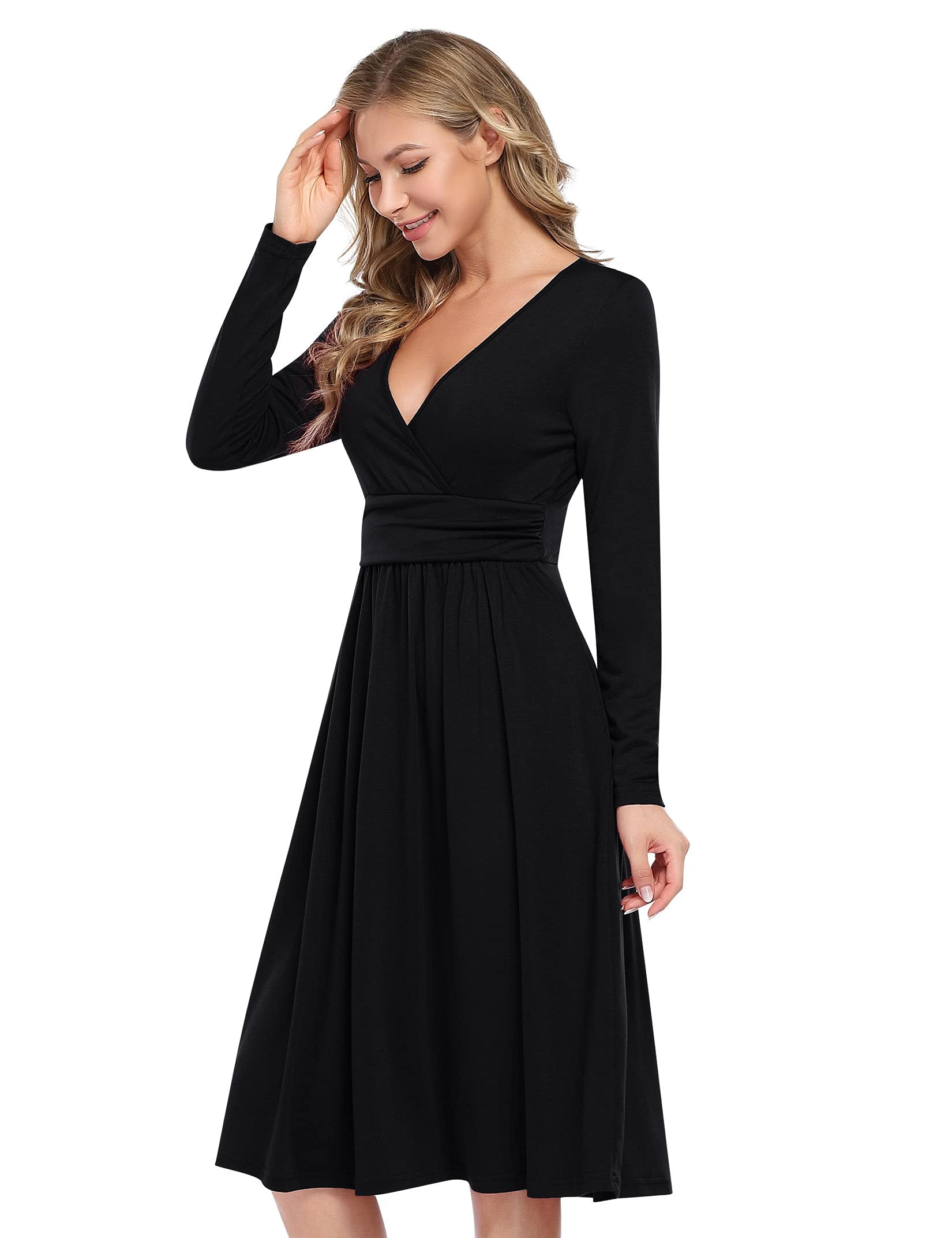 Cotton V-neck Button Front Long Sleeve Casual Layered Women Midi Dress main image 1