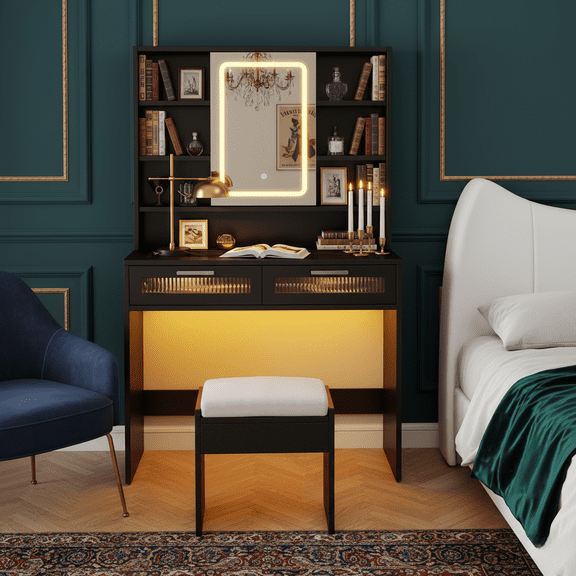 Danpinera Home 35.5" Black Vanity Desk with Glass Top & LED Mirror, Makeup Table with Power Outlets and 2 Acrylic Drawers