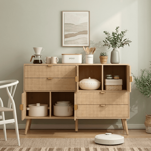 Danpinera Home 47" Fluted Wood Sideboard Cabinet with 4 Drawers, 2 Doors & Adjustable Shelves for Kitchen, Coffee Bar
