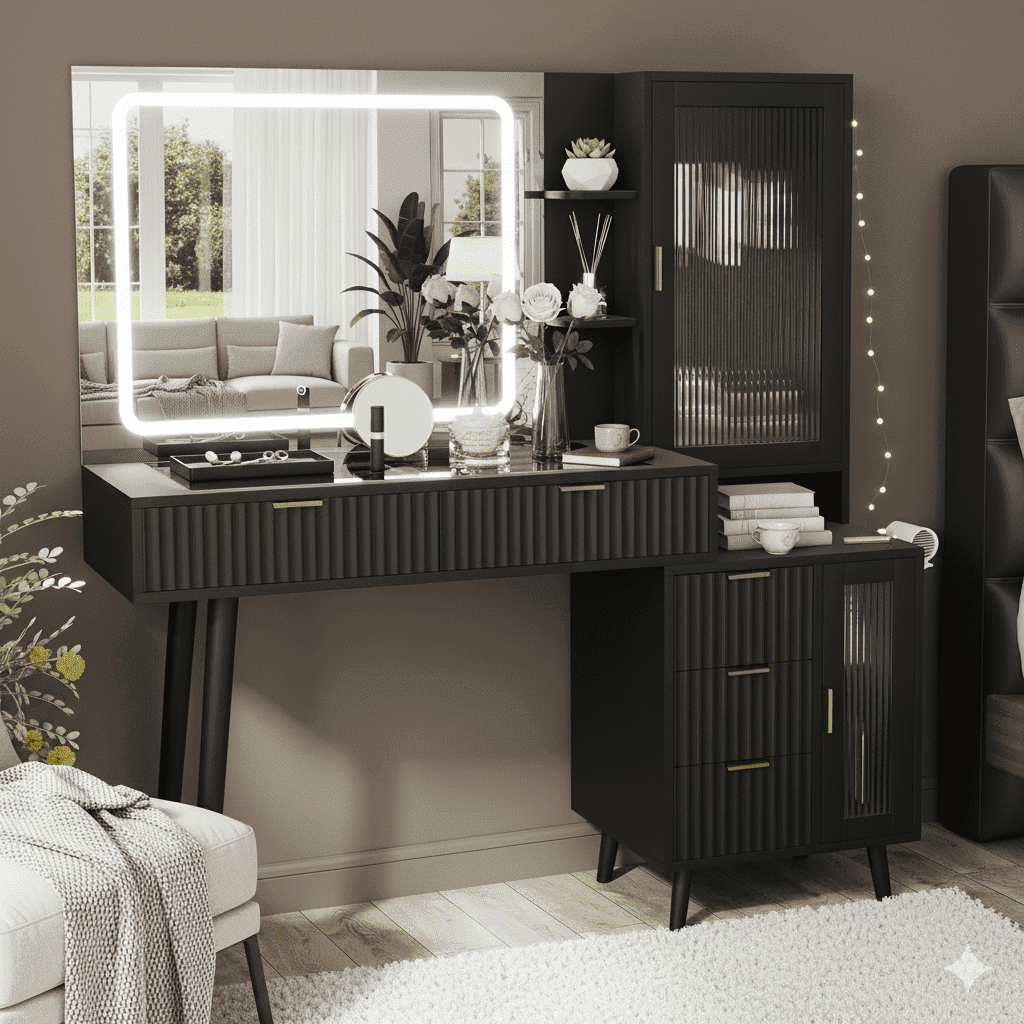 Danpinera Home 49" Glass Top Vanity Desk with LED Mirror and Charging Station, Black