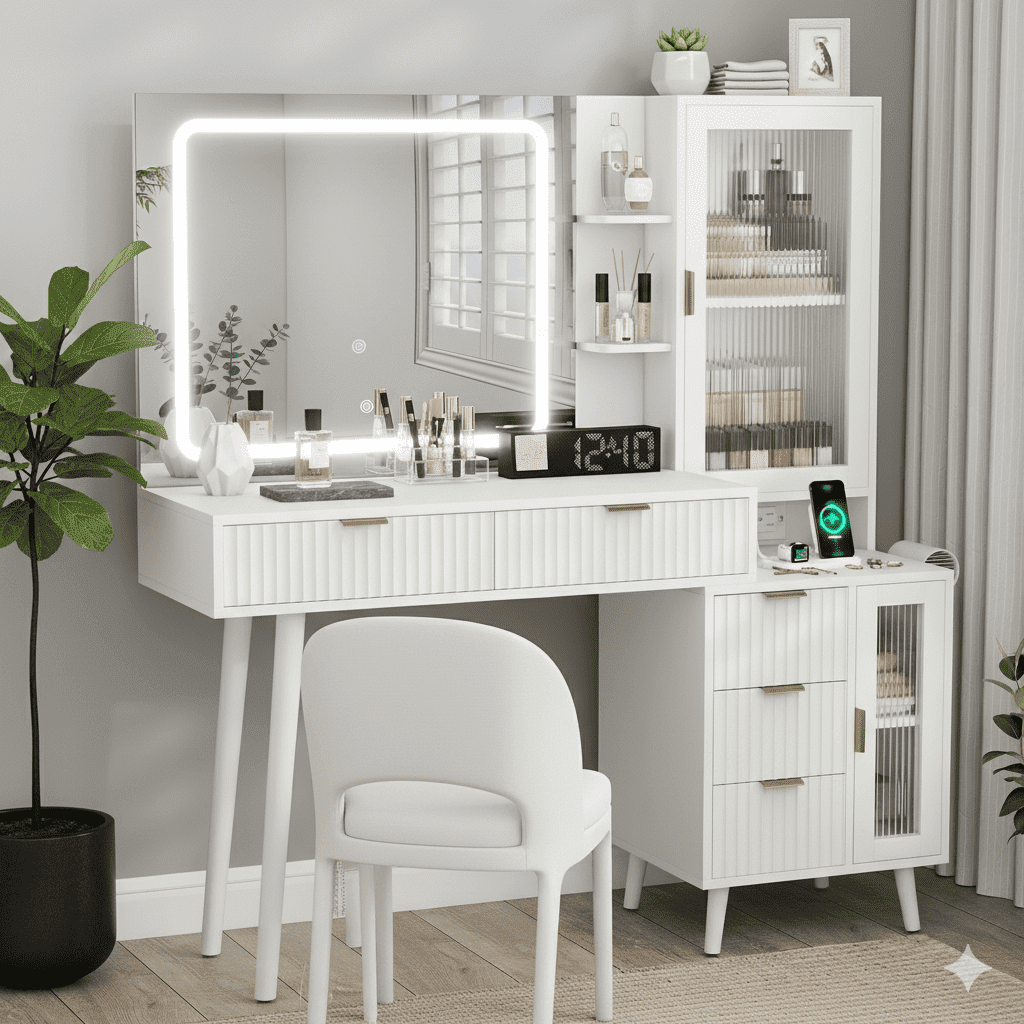 Danpinera Home 49" Fluted Makeup Vanity Desk with Lighted Mirror & Glass Top, White