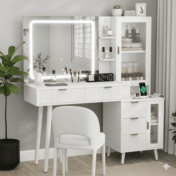 Danpinera Home 49" Fluted Makeup Vanity Desk with Lighted Mirror & Glass Top, White