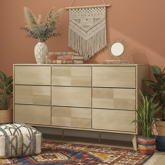 Danpinera Home 55" Mid-Century Modern 9-Drawer Dresser, Fluted Natural Oak Wood Chest of Drawers, Push-to-Open Bedroom Storage