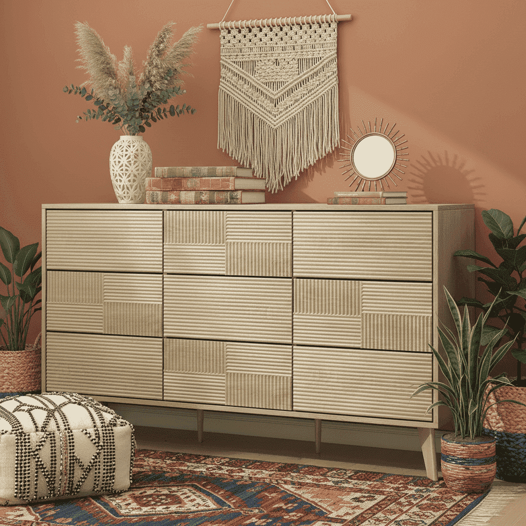 Danpinera Home 55" Mid-Century Modern 9-Drawer Dresser, Fluted Natural Oak Wood Chest of Drawers, Push-to-Open Bedroom Storage