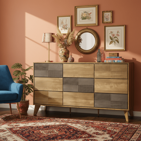 Danpinera Home 55" Wooden Dresser for Bedroom, 9 Drawer Double Dresser with Fluted Front, Mid Century Modern Push-to-Open Chest of Drawers, Dark Wood