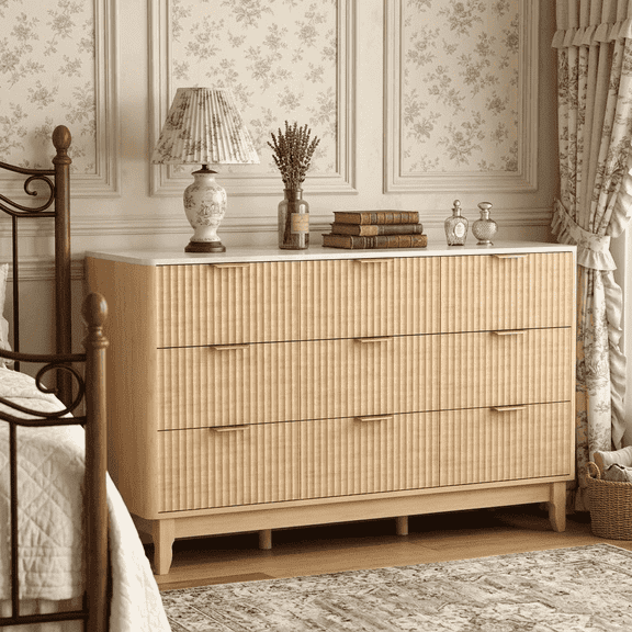 Danpinera Home 57" 9-Drawer Dresser with Marble White Top, Natural Oak Wood Fluted Chest of Drawers for Bedroom