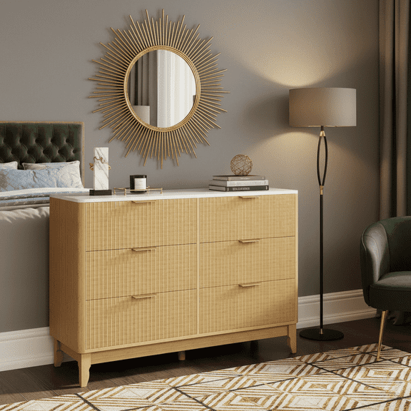 Danpinera Home 6-Drawer Wood Dresser for Bedroom, 47" Mid-Century Modern Storage Chest with Faux Marble Top and Fluted Panel, Natural Finish