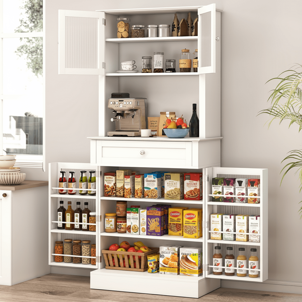 Danpinera Home 70" Tall Kitchen Pantry Cabinet with Hutch & 4 Glass Doors, Microwave Stand with Drawers, White