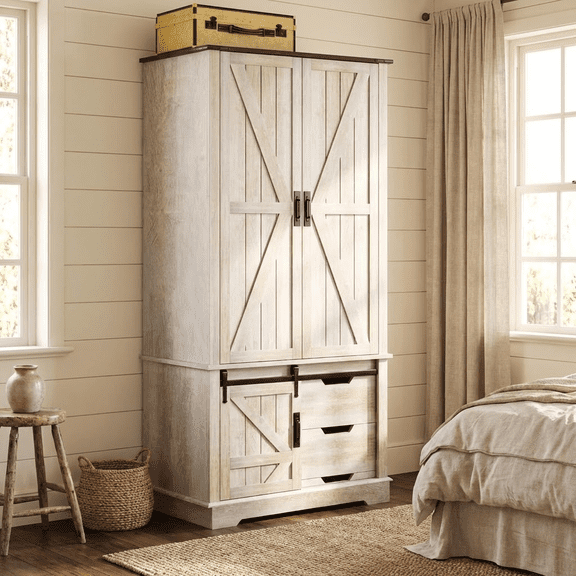 Danpinera Home 71" Tall Farmhouse Armoire Wardrobe Closet, Wooden Clothing Storage Cabinet with Sliding Barn Door and 3 Drawers, White