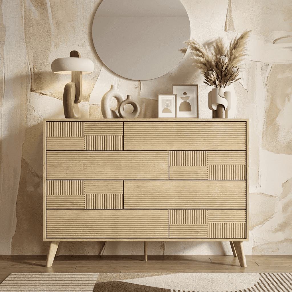 Danpinera Home 8-Drawer Double Dresser for Bedroom, 34" Tall Wood Chest & TV Stand with Fluted Panels, Natural Oak