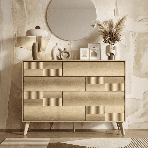 Danpinera Home 8-Drawer Double Dresser for Bedroom, 34" Tall Wood Chest & TV Stand with Fluted Panels, Natural Oak