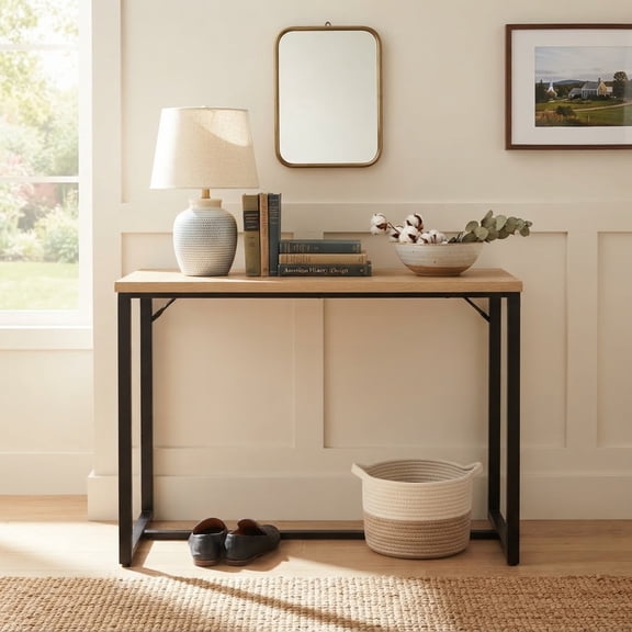 Danpinera Home Bali 39" Console Table, Coastal Modern Entryway Table with Natural Wood Top and Black Metal Legs