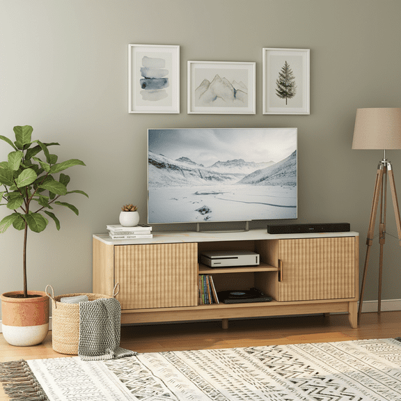 Danpinera Home TV Stand for TVs up to 65 Inches, 55" Mid-Century Modern Entertainment Center with Storage & Marble White Top, Fluted Media Console, Light Wood