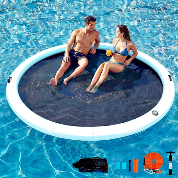 Danrelax 10FT Sunchill Round Inflatable Float Ring for Adults, Heavy Duty Hammock Pool Lounger with Pump, for Lake, Ocean & Pool