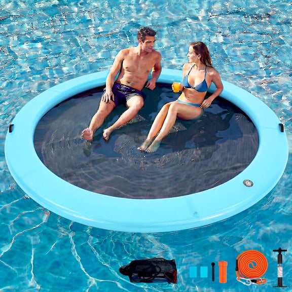 Danrelax 12FT Sunchill Round Inflatable Float Ring for Adults, Heavy Duty Hammock Pool Lounger with Pump, for Lake, Ocean & Pool