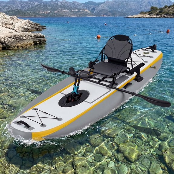 Danrelax 12ft Inflatable Kayak with Pedal System, Lightweight & Portable with Aluminum Seat, Rudder System, and Accessories Included, Yellow & Grey