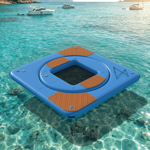 Danrelax 2 in 1 Inflatable Floating Dock Platform, Square EVA Traction Deck with Mesh Swim Net and Inner Floating Island, 6 in Thick, D Rings, Boat Swim Platform for Lake and Pool