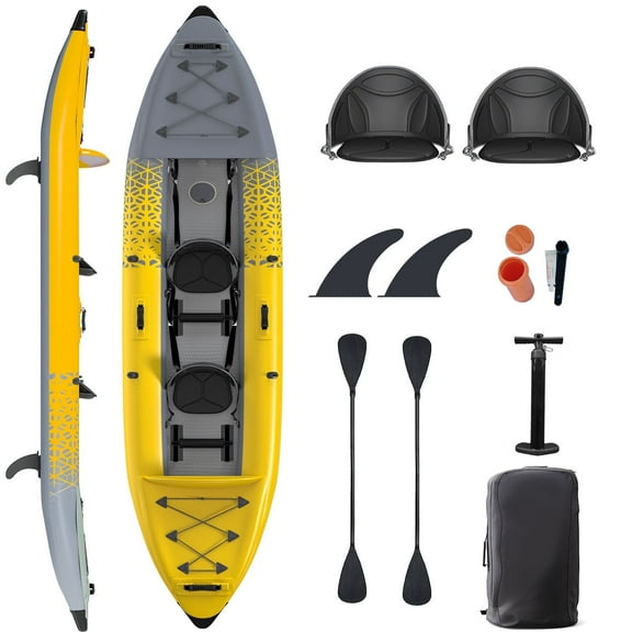Danrelax 2-Person Inflatable Kayak for Adults, Drop-Stitch Floor, Tandem Kayak, Yellow