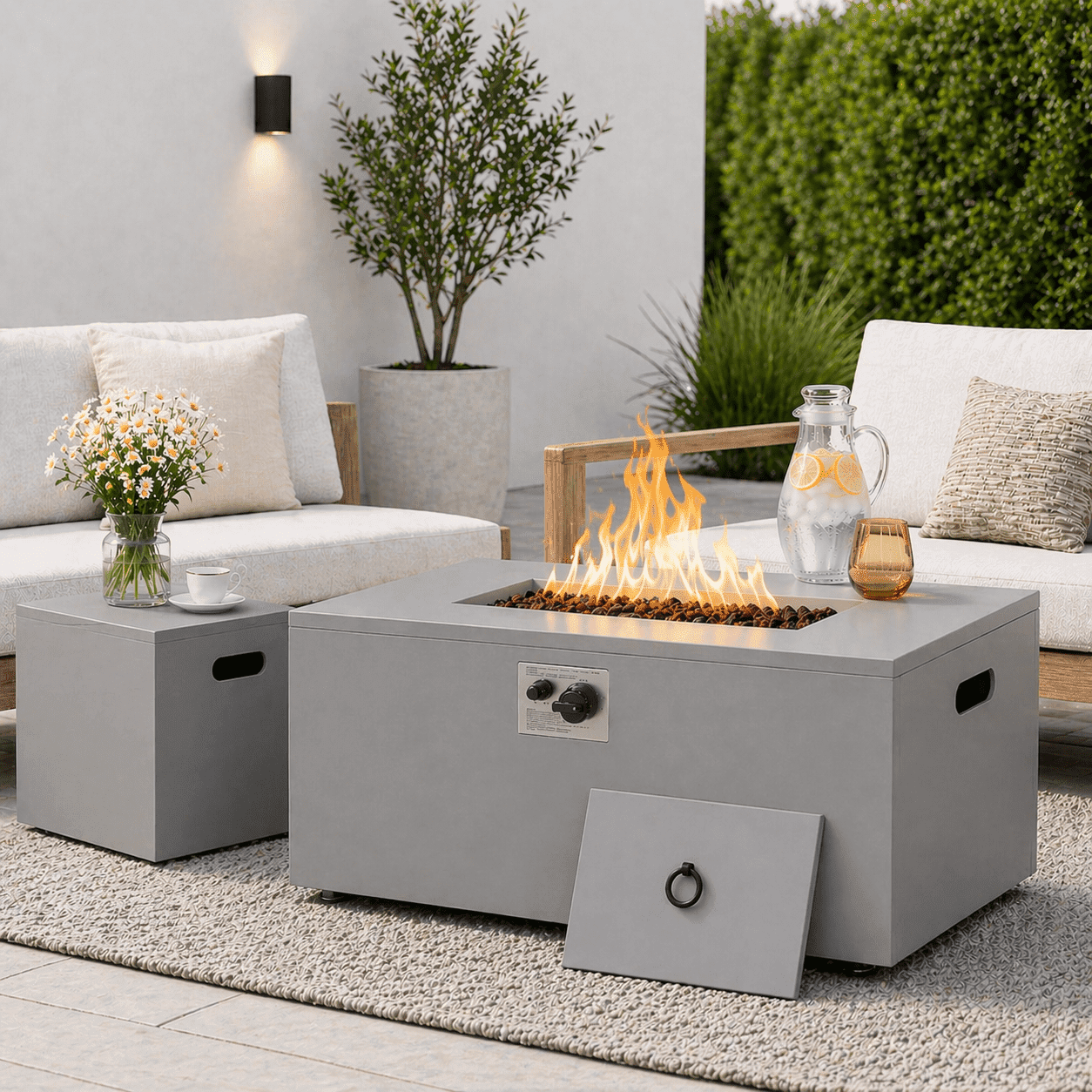 Danrelax 2-Piece 32" Square Propane Fire Pit Table with Tank Holder, 50,000 BTU Outdoor Gas Fire Pit with Lid, Lava Rocks and Weather-Resistant Cover, Grey
