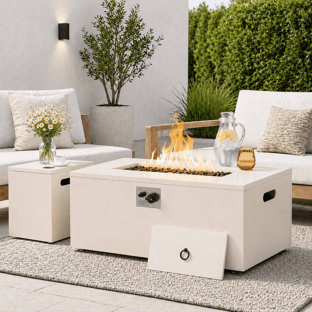 Danrelax 2-Piece 32" Square Propane Fire Pit Table with Tank Holder, 50,000 BTU Outdoor Gas Fire Pit with Lid, Lava Rocks and Weather-Resistant Cover, White