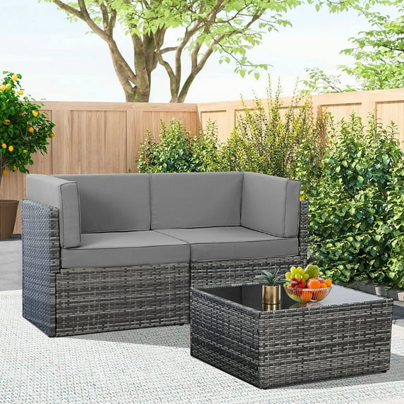 Danrelax 3 Piece Outdoor Patio Furniture Set, Outdoor Sectional Conversation Furniture Chair with Coffee Table,Patio Sectional for Garden,Backyard(Grey Cushions and Grey PE Rattan)