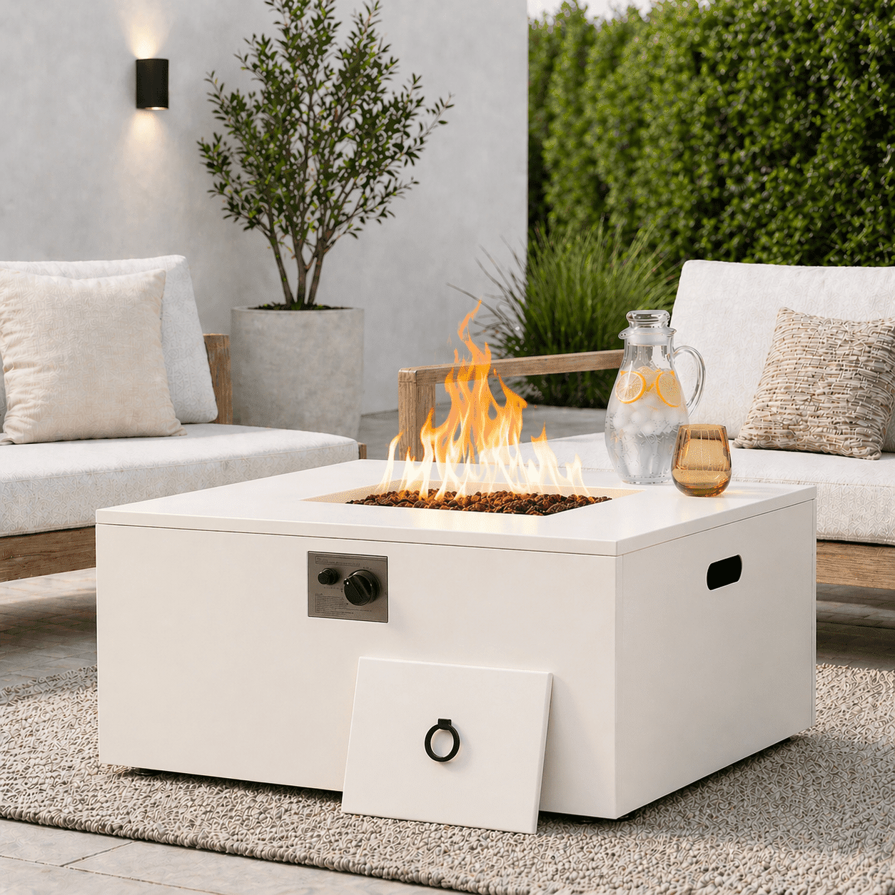 Danrelax 32" Square Propane Fire Pit Table, 50,000 BTU Outdoor Gas Fire Pit with Lid, Lava Rocks and Weather-Resistant Cover, White