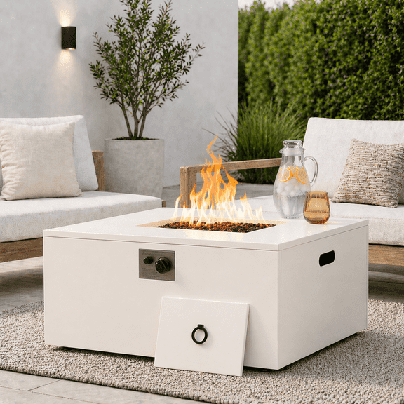 Danrelax 32" Square Propane Fire Pit Table, 50,000 BTU Outdoor Gas Fire Pit with Lid, Lava Rocks and Weather-Resistant Cover, White