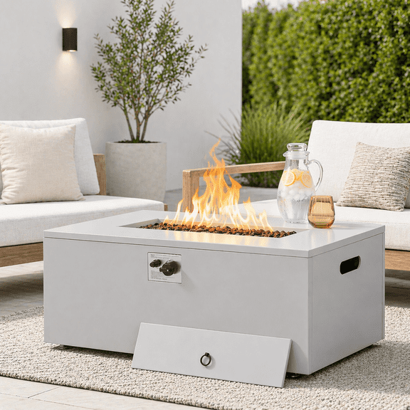 Danrelax 42" Rectangular Propane Fire Pit Table, 50,000 BTU Outdoor Gas Fire Pit with Lid, Steel Fireplace with Weather-Resistant Cover, Lava Rocks for Patio, CSA Certified, Grey