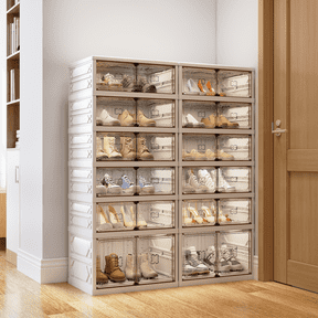 Danrelax 6-Tier Foldable Shoe Rack Organizer, 24 Pairs Stackable & Collapsible Shoe Cabinet with Transparent Doors & Leather Handles, Space-Saving Storage for Entryway, Closet, Kitchen, White