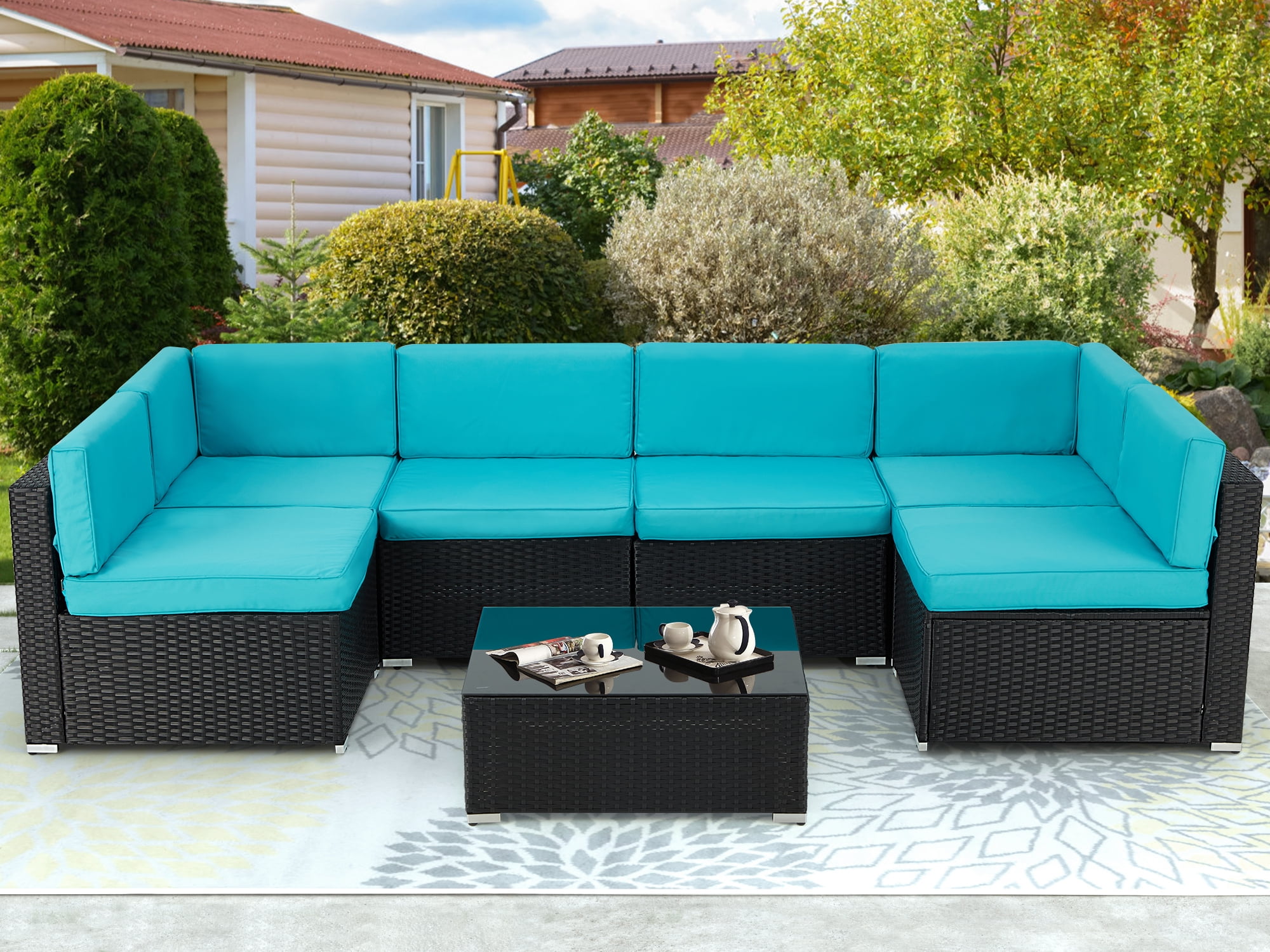 Danrelax 7 Pc Outdoor Patio Sectional Set, Blue and Black Steel with