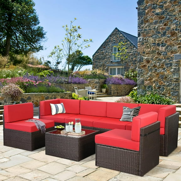Danrelax 7 Pc Outdoor Patio Sectional Set, Red and Black Red Steel with Cushions