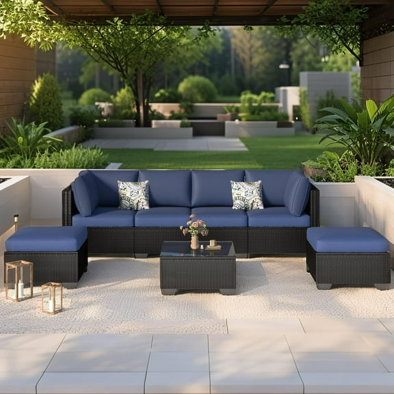 Danrelax 7-Piece Outdoor Sectional Sofa Patio Conversation Set, Black PE Rattan Wicker Furniture, Steel Frame in Dark Blue