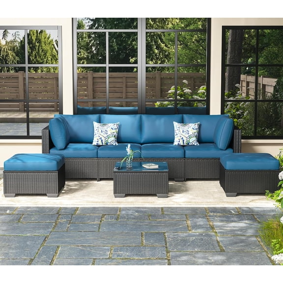 Danrelax 7-Piece Outdoor Sectional Sofa Patio Conversation Set, Black PE Rattan Wicker Furniture, Steel Frame in Peacock Blue Blue