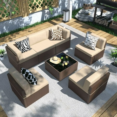 Danrelax 7-Piece Outdoor Sectional Sofa Patio Conversation Set, PE Rattan Wicker Furniture, Steel Frame, Beige Cushion/ Brown Rattan