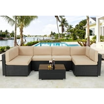 Danrelax 7-Piece Outdoor Sectional Sofa Patio Conversation Set, PE Rattan Wicker Furniture, Steel Frame, Brown w/ Black Rattan