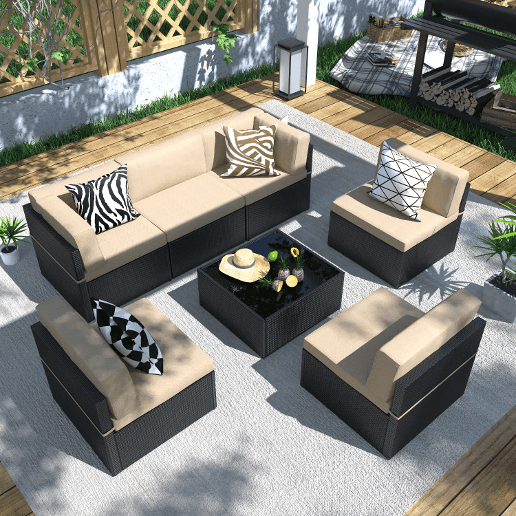 Danrelax 7-Piece Outdoor Sectional Sofa Patio Conversation Set, PE Rattan Wicker Furniture, Steel Frame, Brown w/ Black Rattan