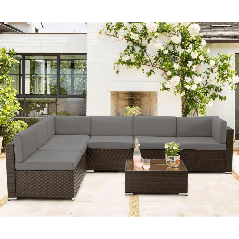 Danrelax 7 Piece Outdoor Sectional Sofa Patio Conversation Set PE Rattan Wicker Furniture Steel Frame Dark Grey Cushion Black Rattan