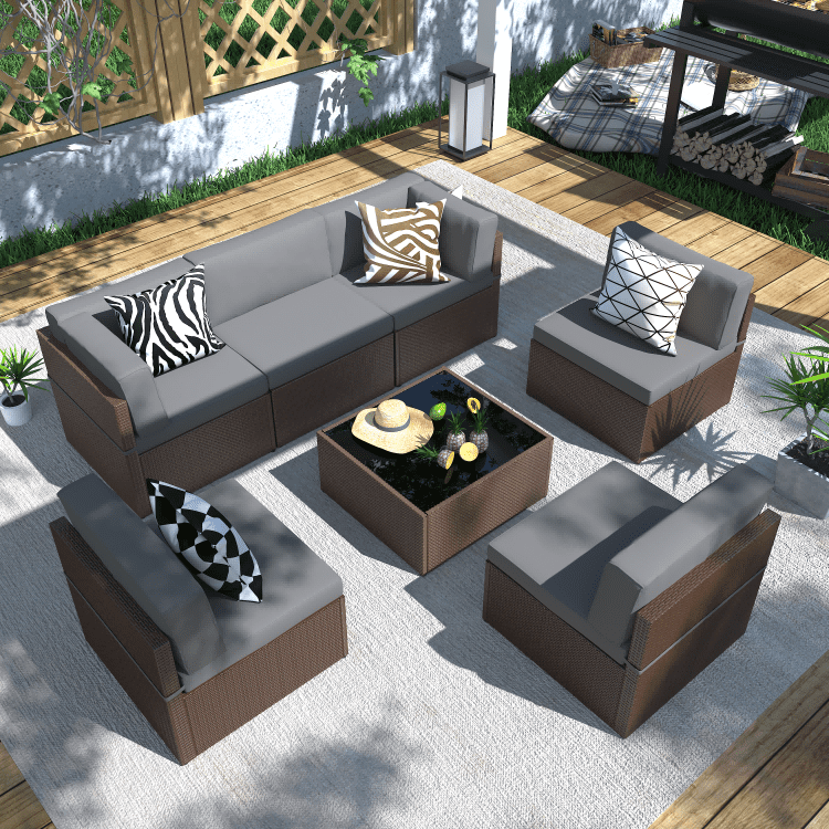 Danrelax 7-Pc Outdoor Sectional Sofa, PE Rattan Wicker, Steel, Dark Grey Cushion/Black Rattan