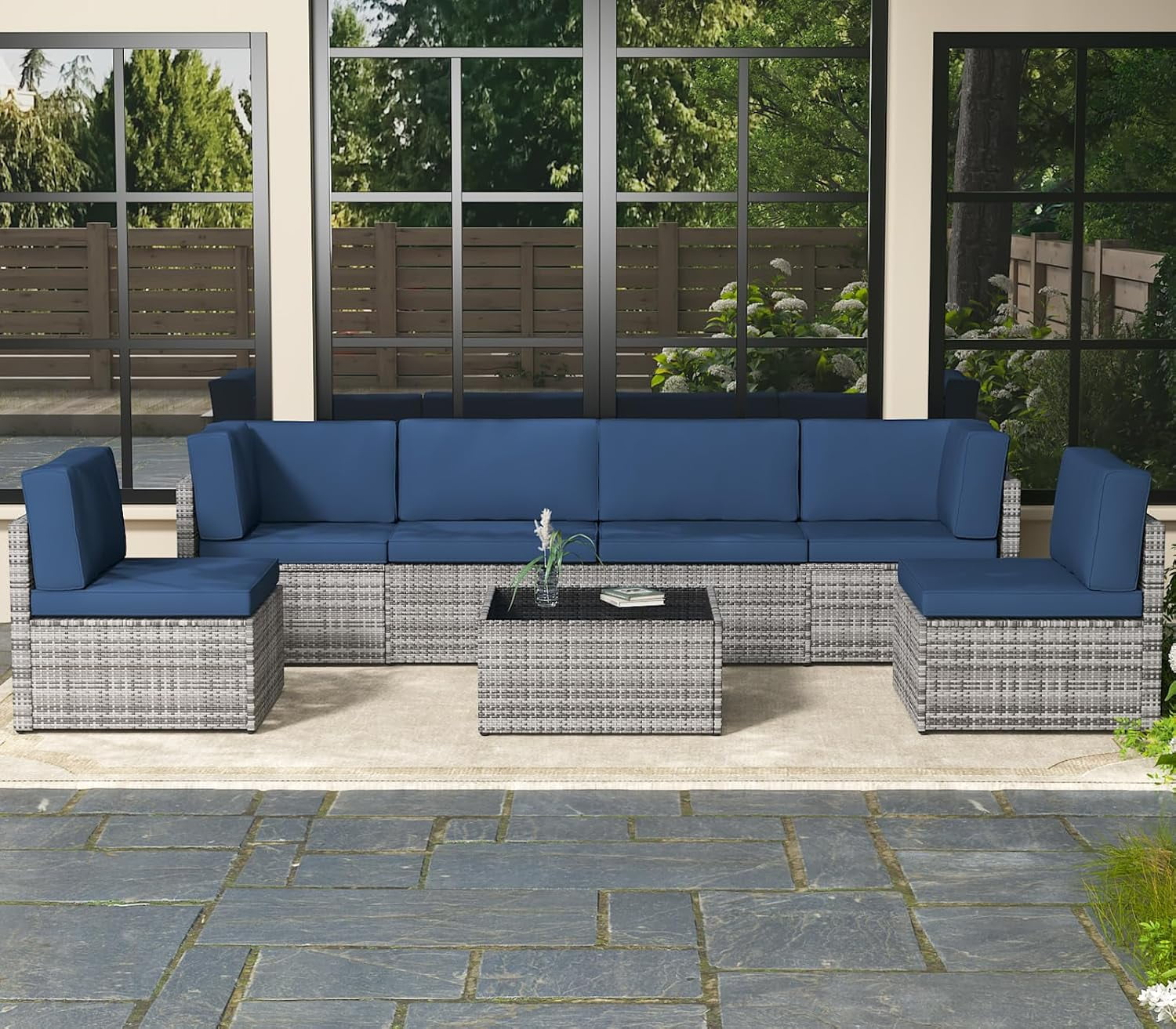 Danrelax 7-Piece Outdoor Sectional Sofa Patio Conversation Set, PE Rattan Wicker Furniture, Steel Frame in Dark Blue