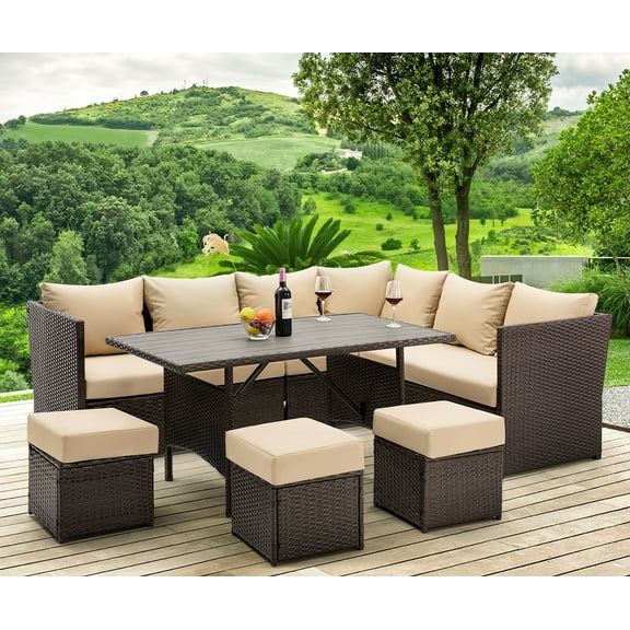 Danrelax 7-Piece Patio Conversation Set, PE Rattan Wicker Furniture, Steel Frame, Brown