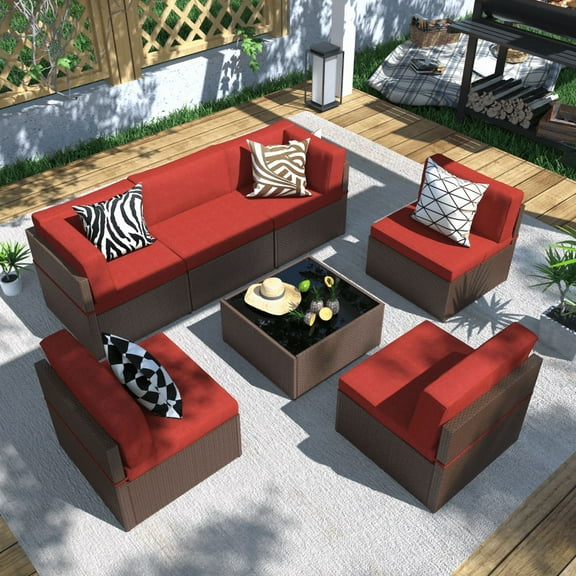 Danrelax 7-Piece Wicker Patio Conversation Outdoor Sectional, Red