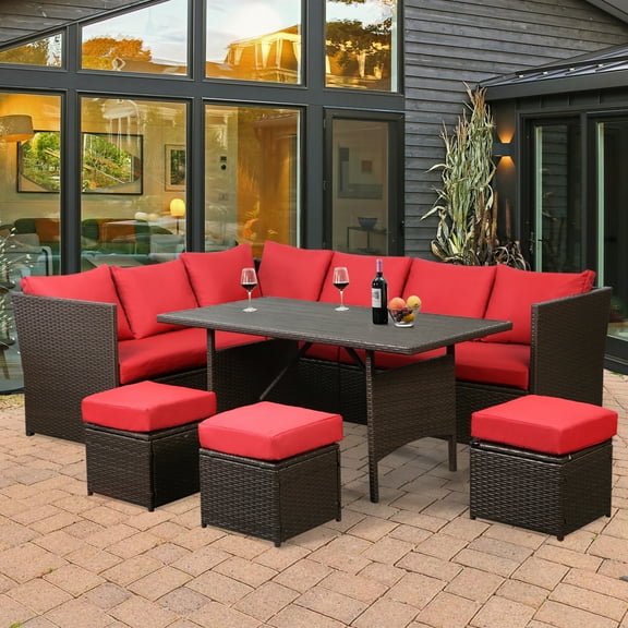 Danrelax 7 Pieces Patio Furniture Set Outdoor Sectional Sofa Conversation Set Brown Rattan Ottomans
